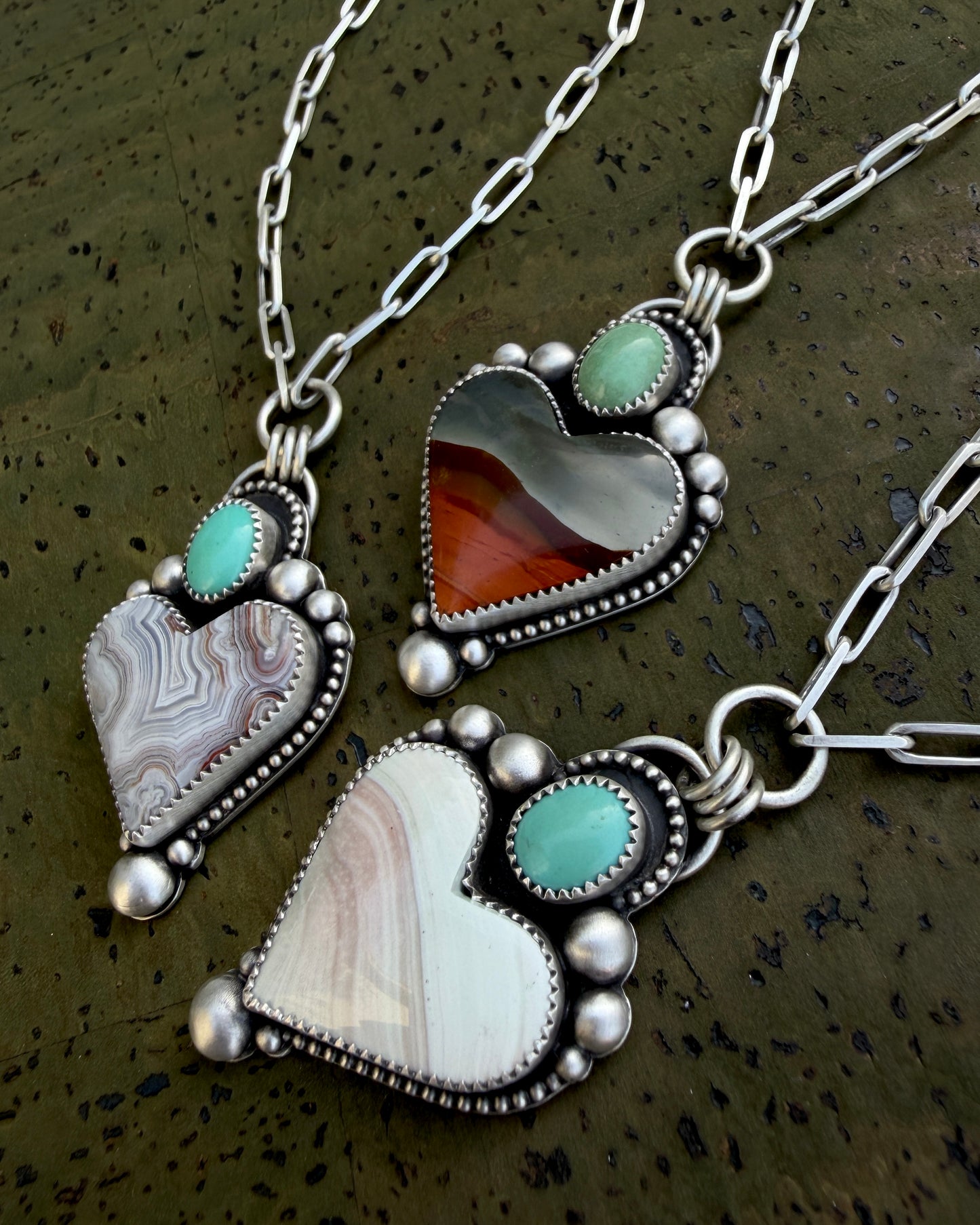 Polychrome Jasper and Sleeping Beauty Turquoise Sterling Silver Heart Necklace