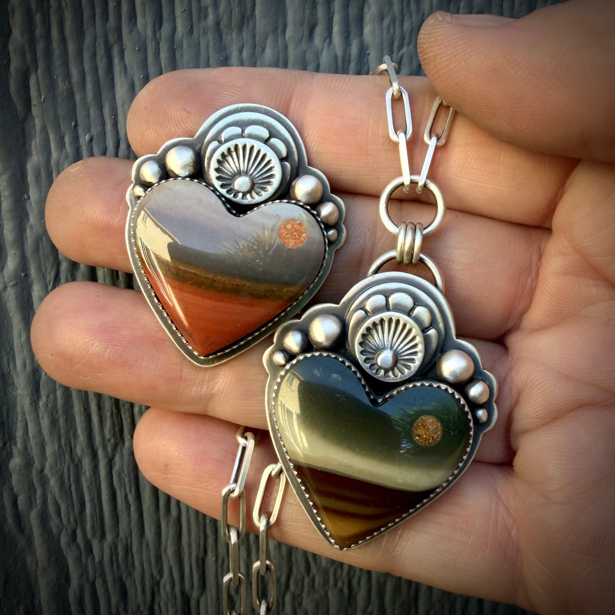 Made To Order:Orange and Grey Jasper Moonscape Sacred Heart Ring or Necklace