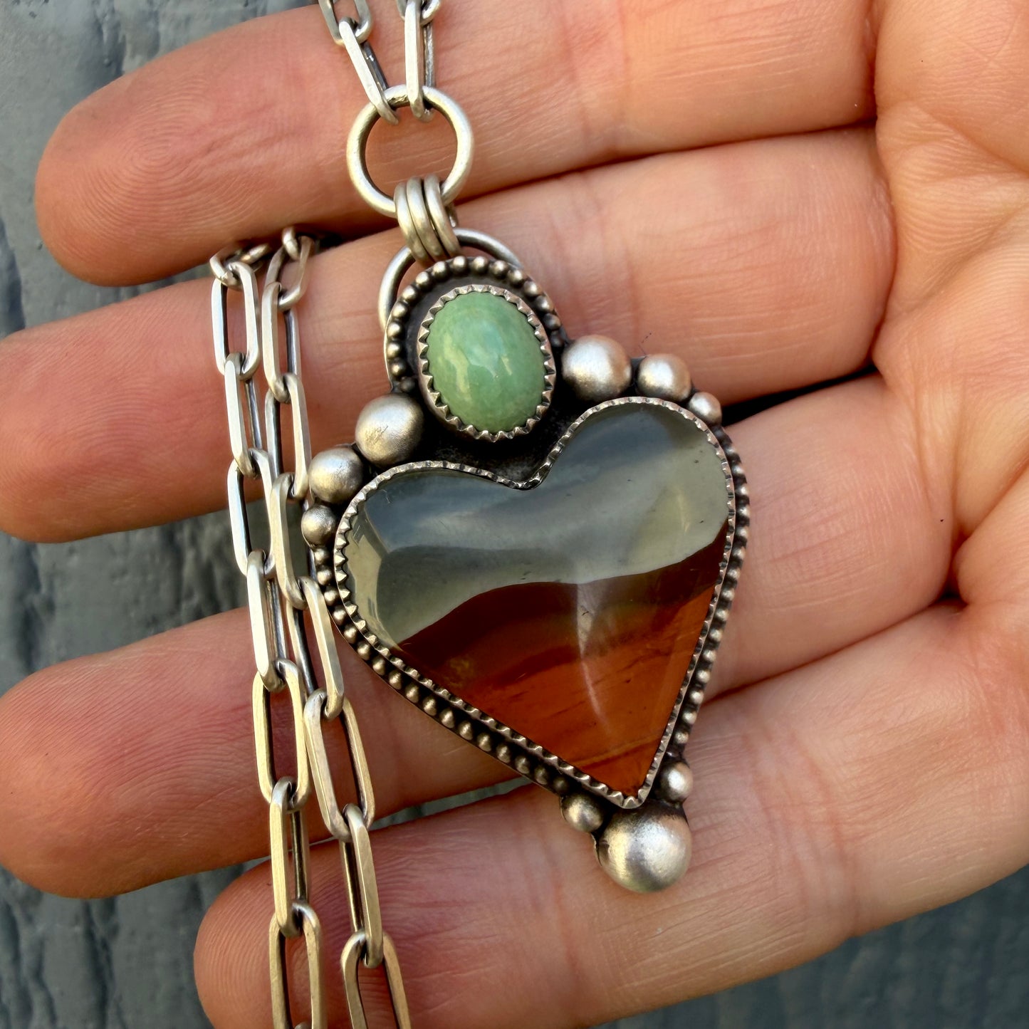 Polychrome Jasper and Sleeping Beauty Turquoise Sterling Silver Heart Necklace