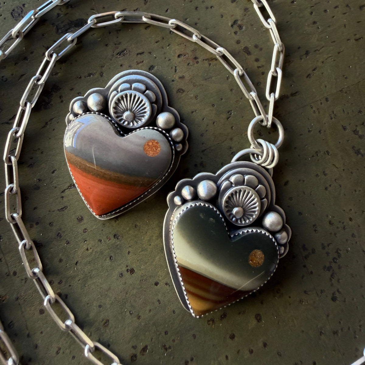Made To Order:Orange and Grey Jasper Moonscape Sacred Heart Ring or Necklace