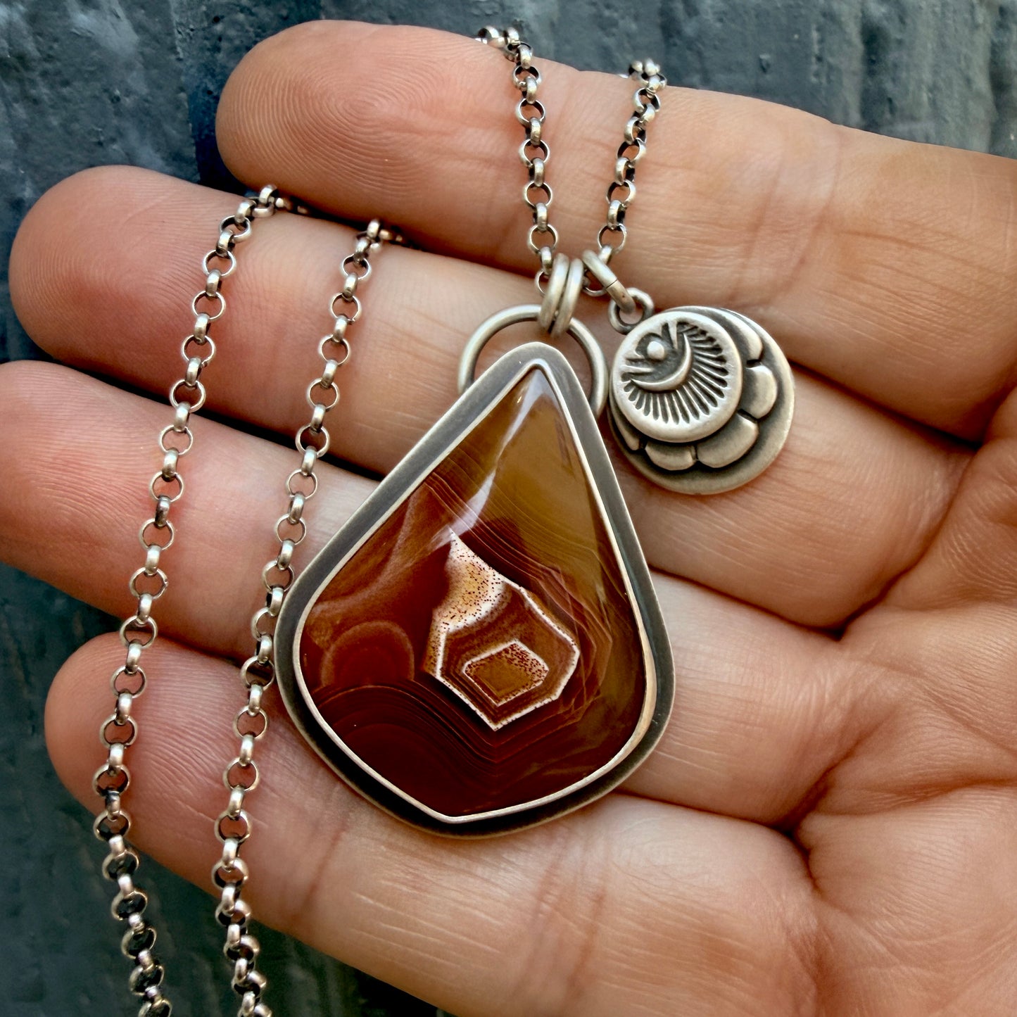 Agua Nueva Agate Hand Stamped Sterling Silver Medallion Necklace