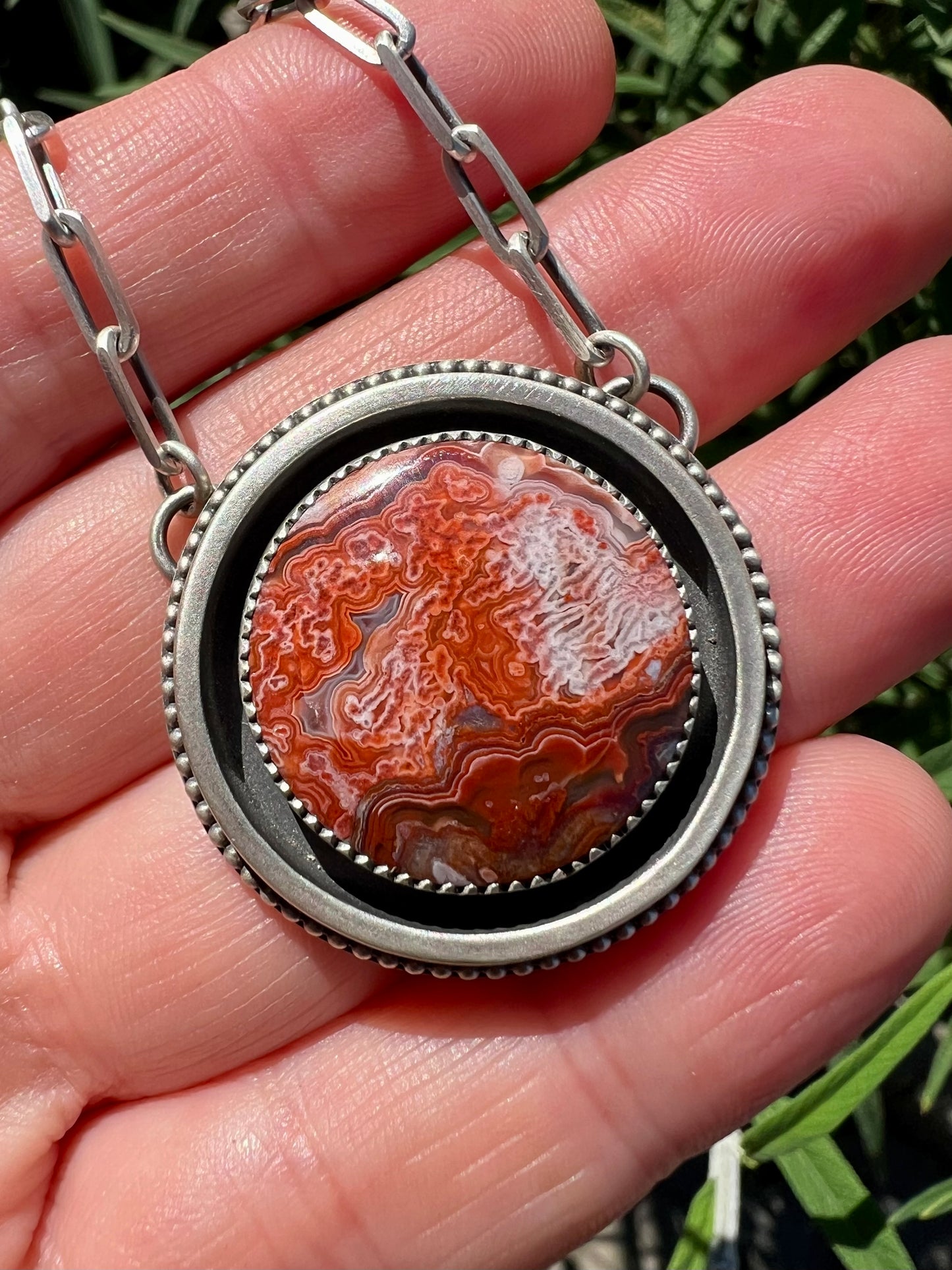 Ruby Red Laguna Lace Agate Necklace – Sterling Silver Shadowbox Pendant with Paperclip Chain