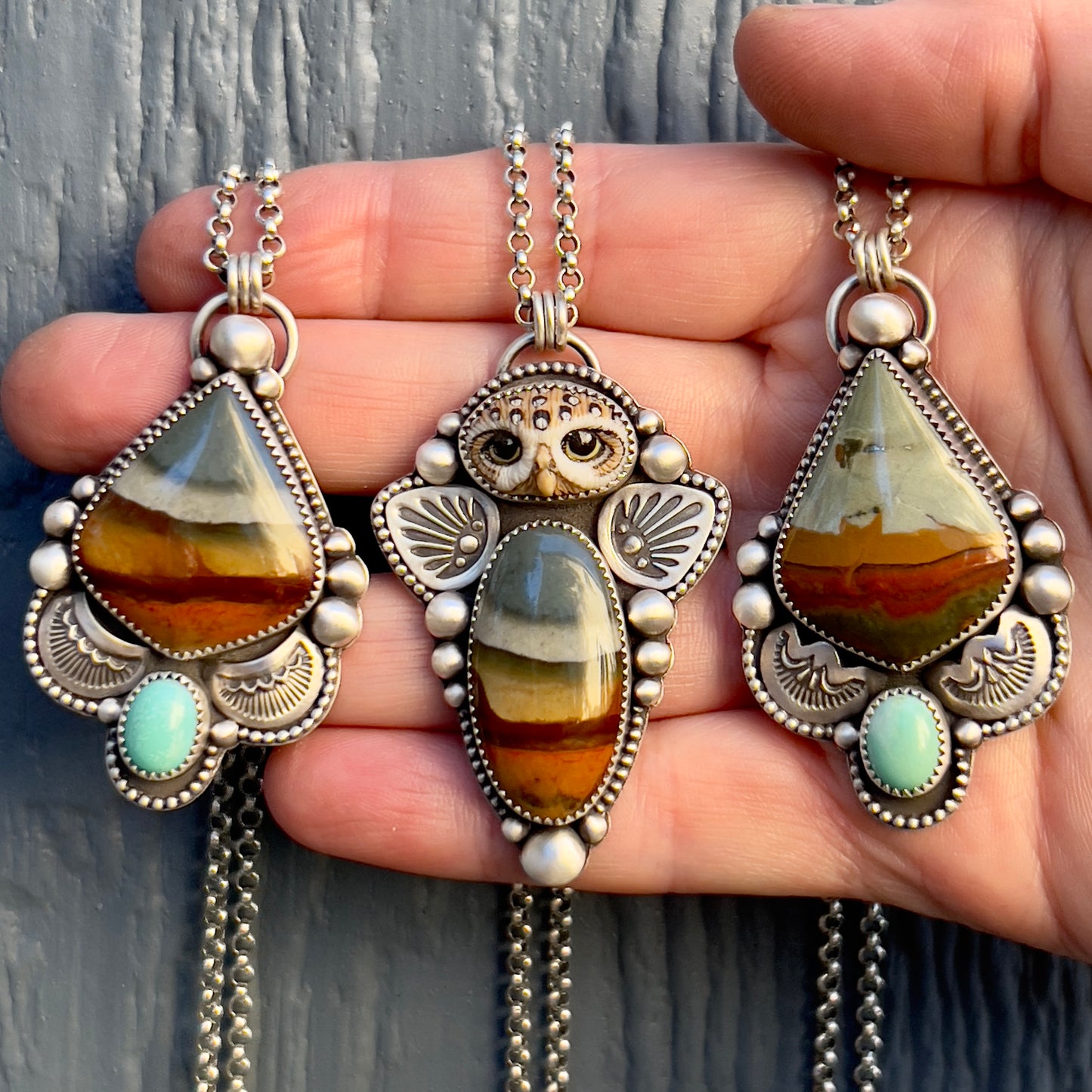 Laura Mears Athena Owl &  Polychrome Jasper Handcrafted Necklace