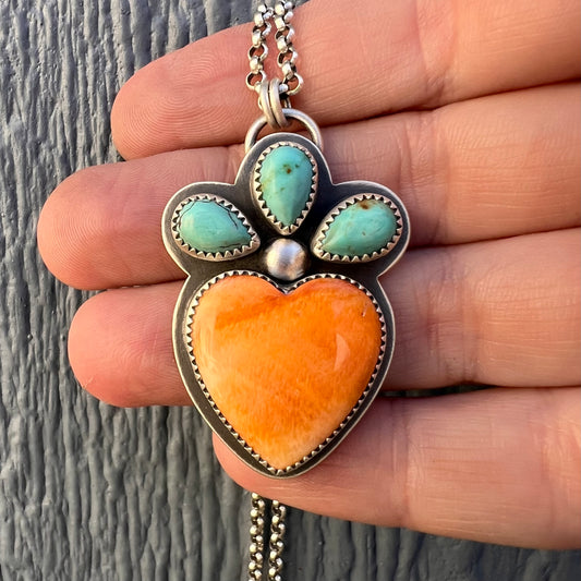 Orange spiny oyster heart blossom necklace with Kingman turquoise #3