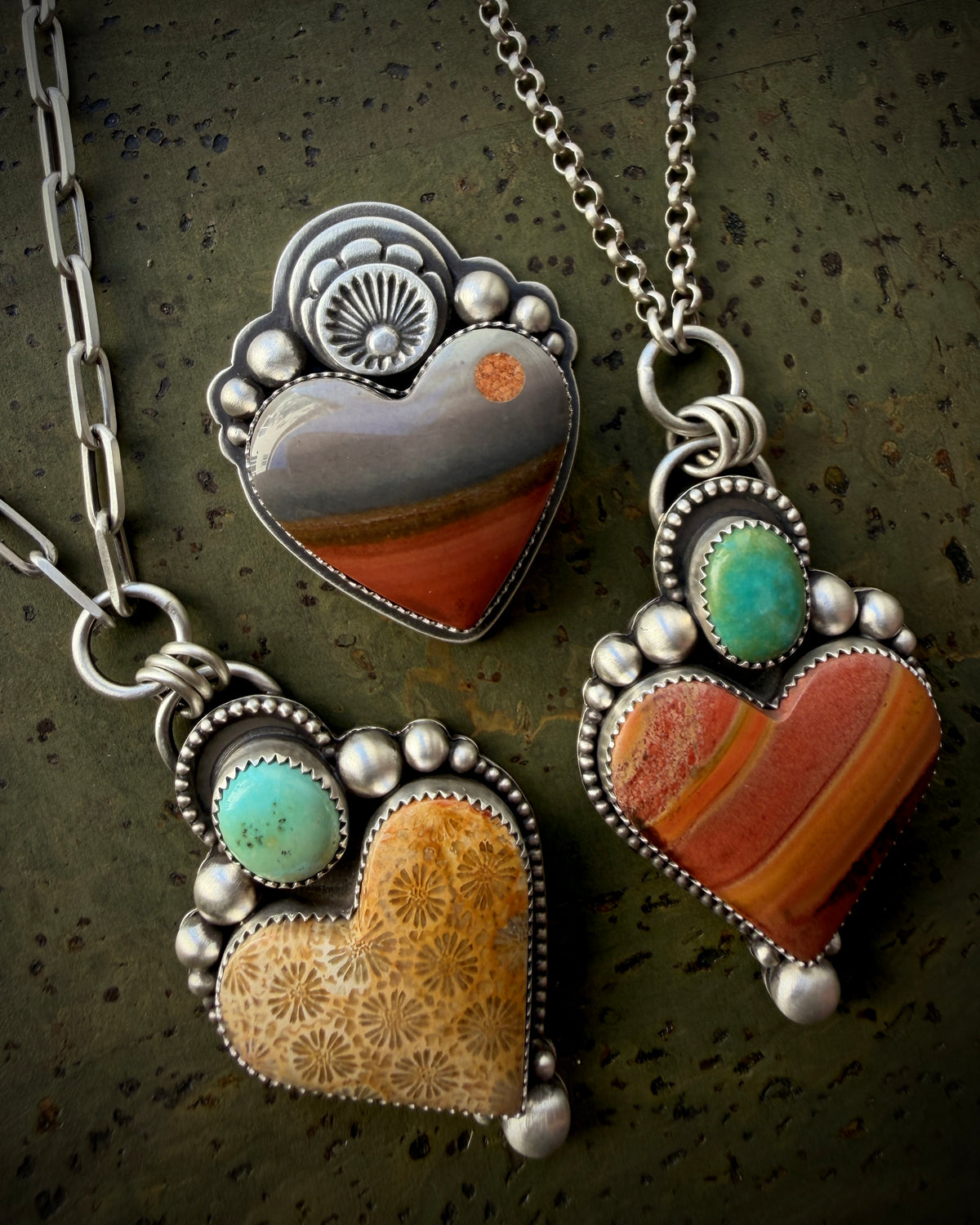 Made To Order:Orange and Grey Jasper Moonscape Sacred Heart Ring or Necklace