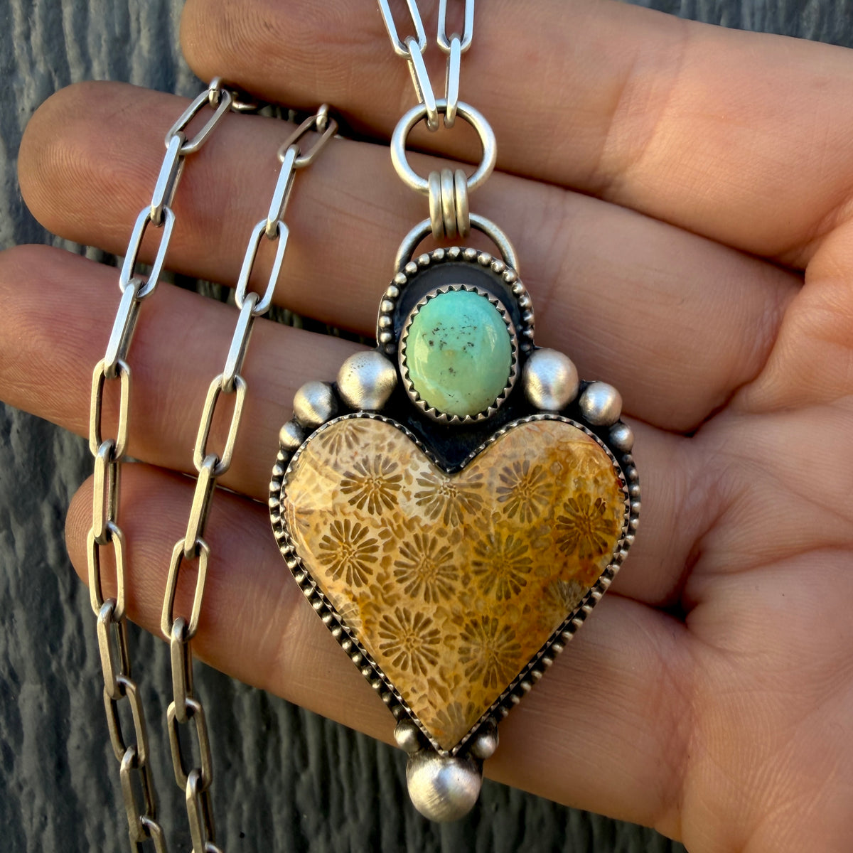 Fossilized Coral and Lone Mountain Turquoise Paperclip Chain Heart Necklace