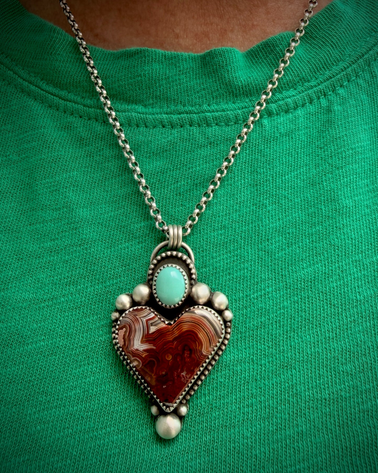 Laguna Lace Agate and Sleeping Beauty Turquoise Sterling Silver Heart Necklace
