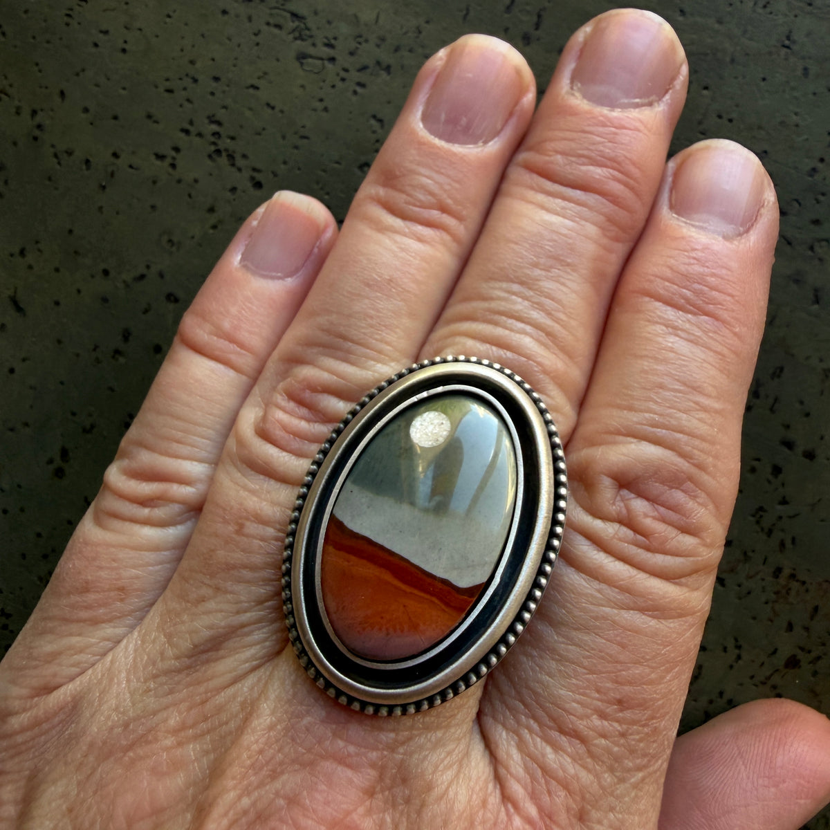 Made To Order: Polychrome Jasper Oval Shadowbox Moonscape Ring or Necklace