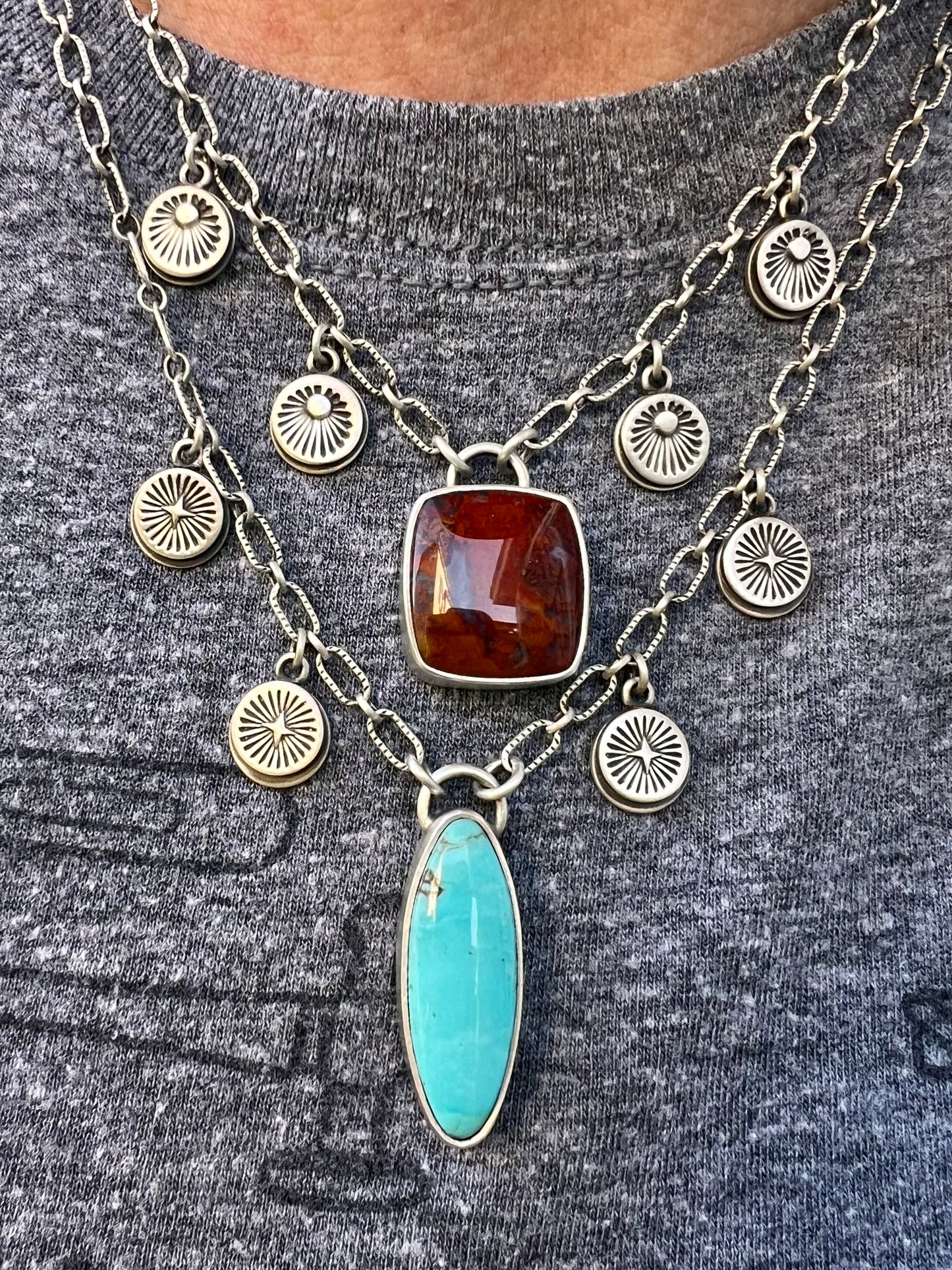 Moroccan agate hand stamped charm necklace