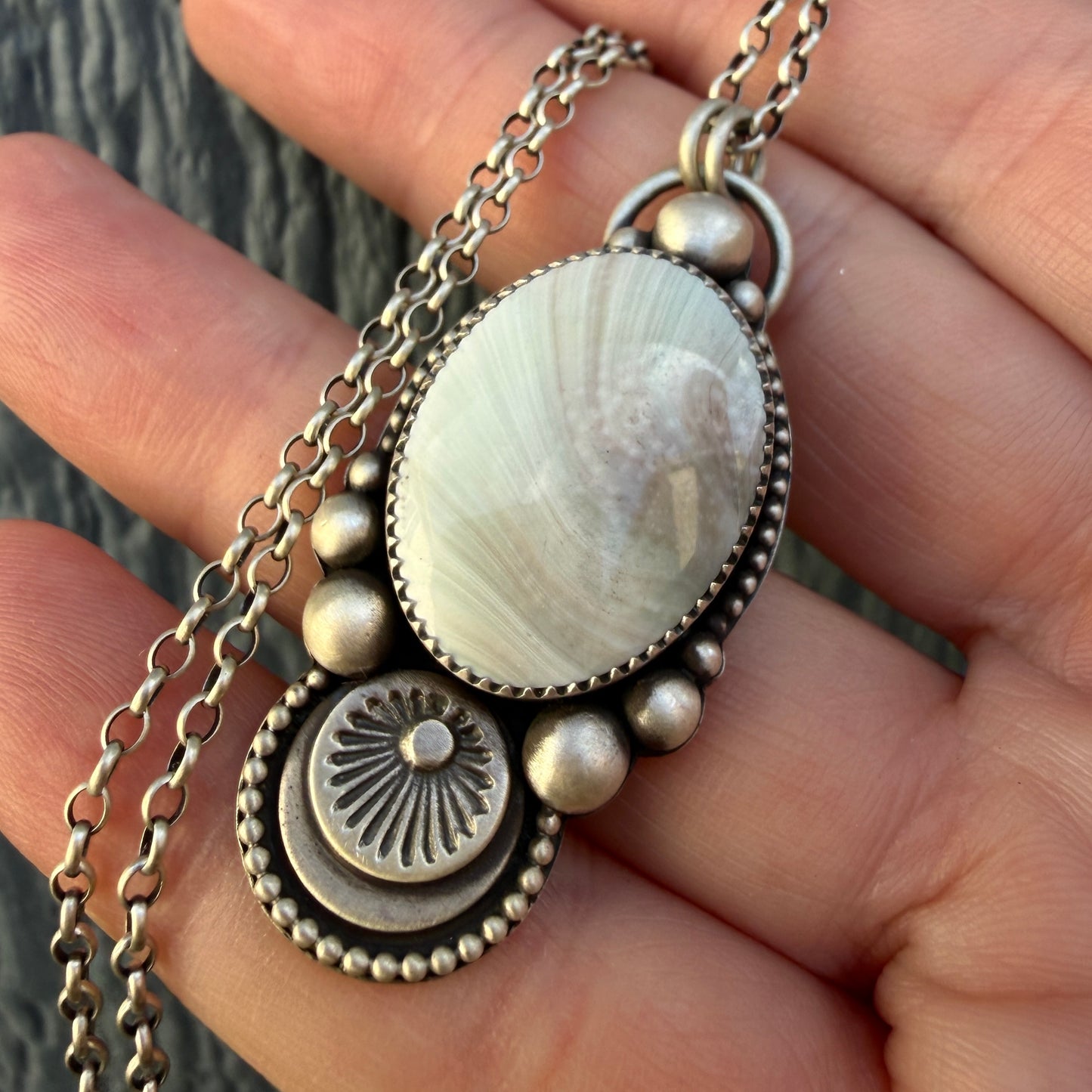 Shiva Shell Hand Stamped Oval Necklace – Handcrafted Sterling & Fine Silver