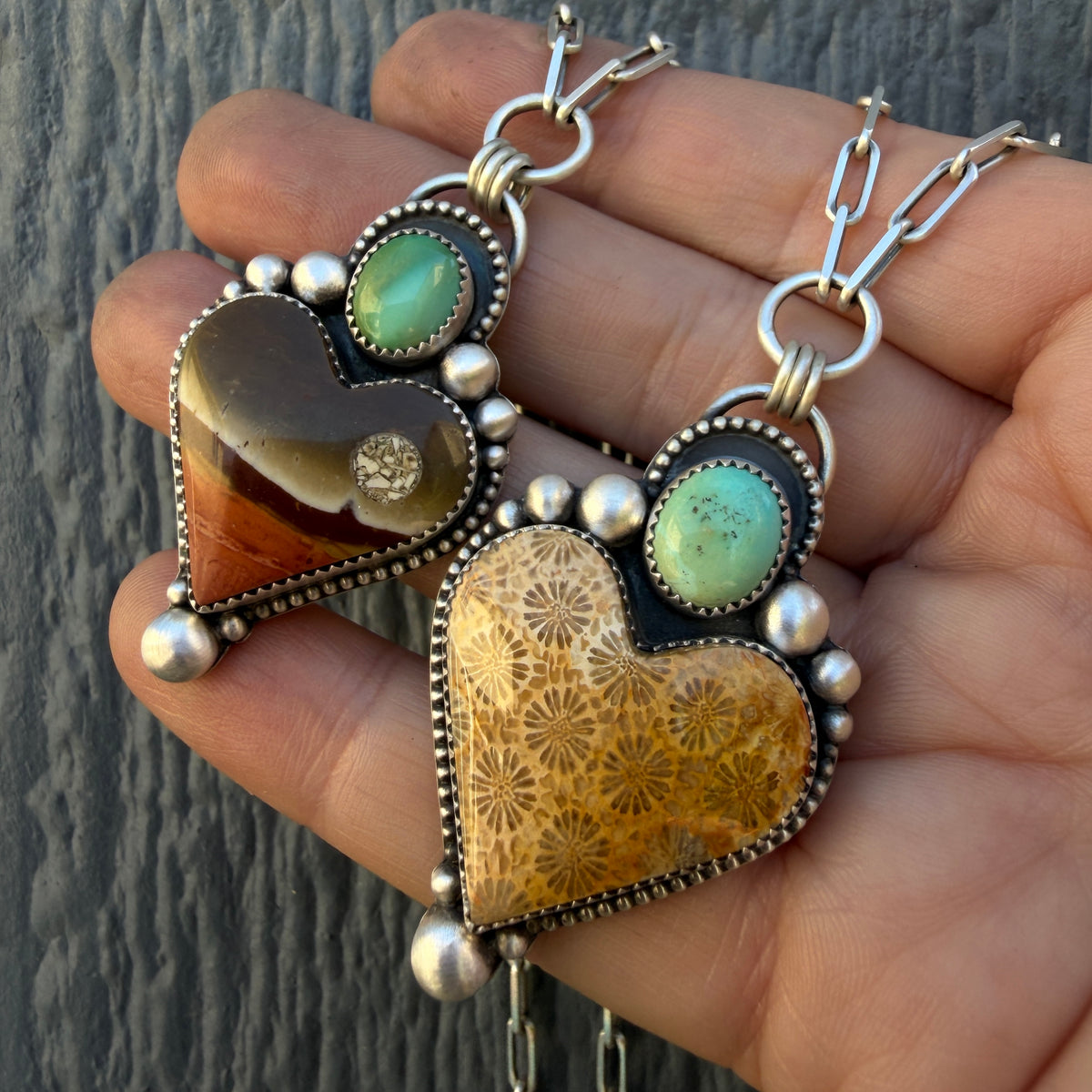 Fossilized Coral and Lone Mountain Turquoise Paperclip Chain Heart Necklace