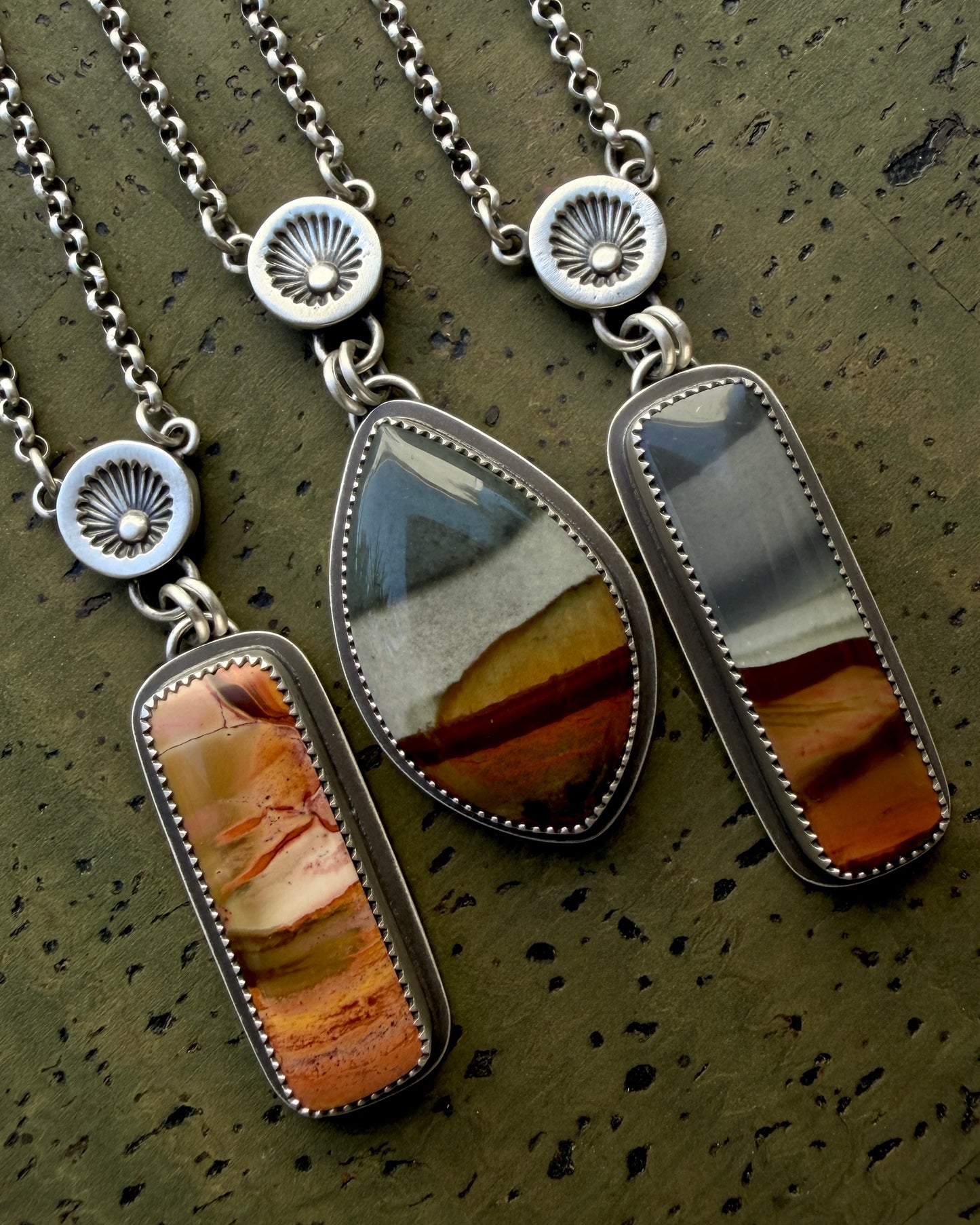 Polychrome Jasper Hand Stamped Sunburst Drop Necklace-Sterling & Fine Silver