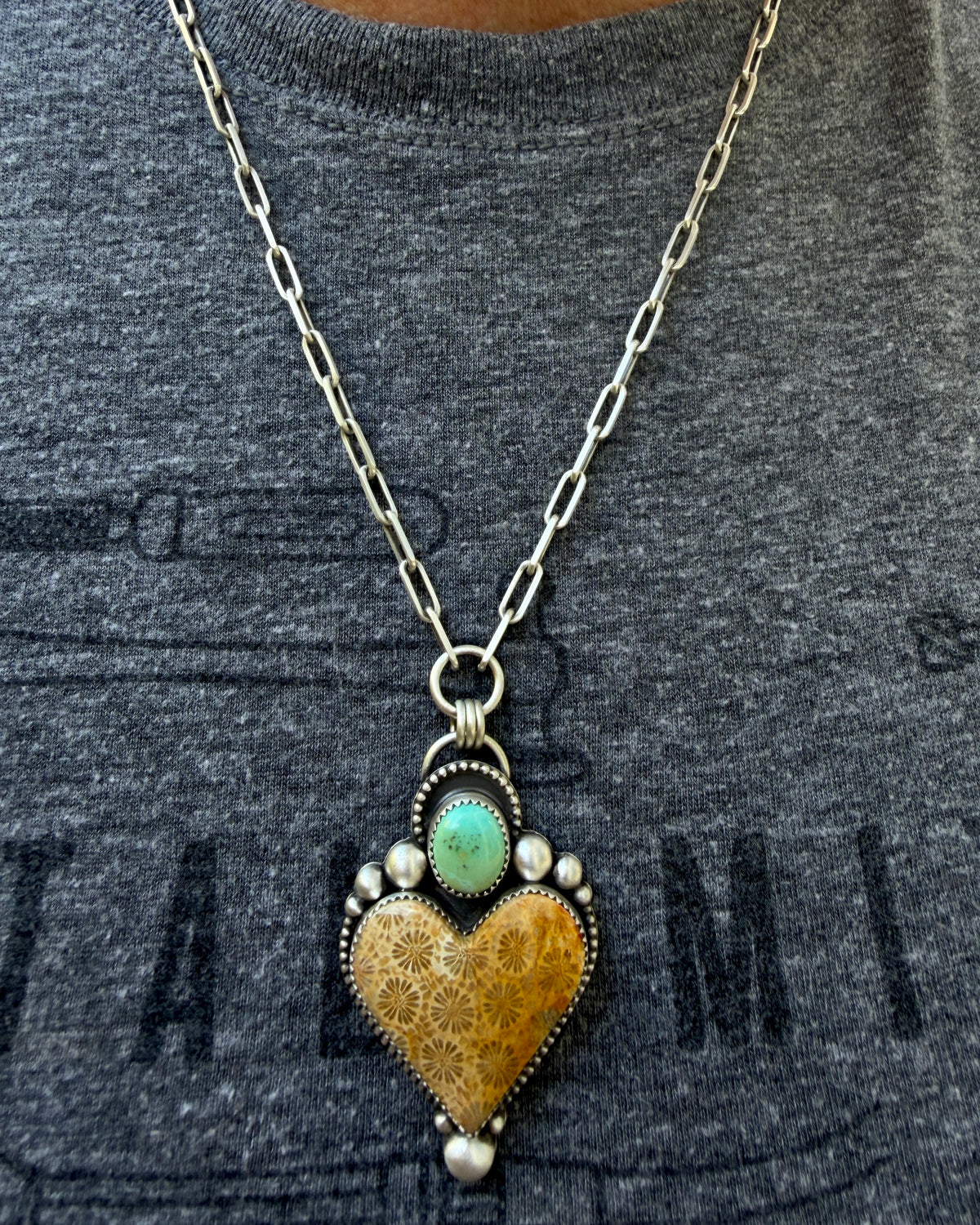 Fossilized Coral and Lone Mountain Turquoise Paperclip Chain Heart Necklace