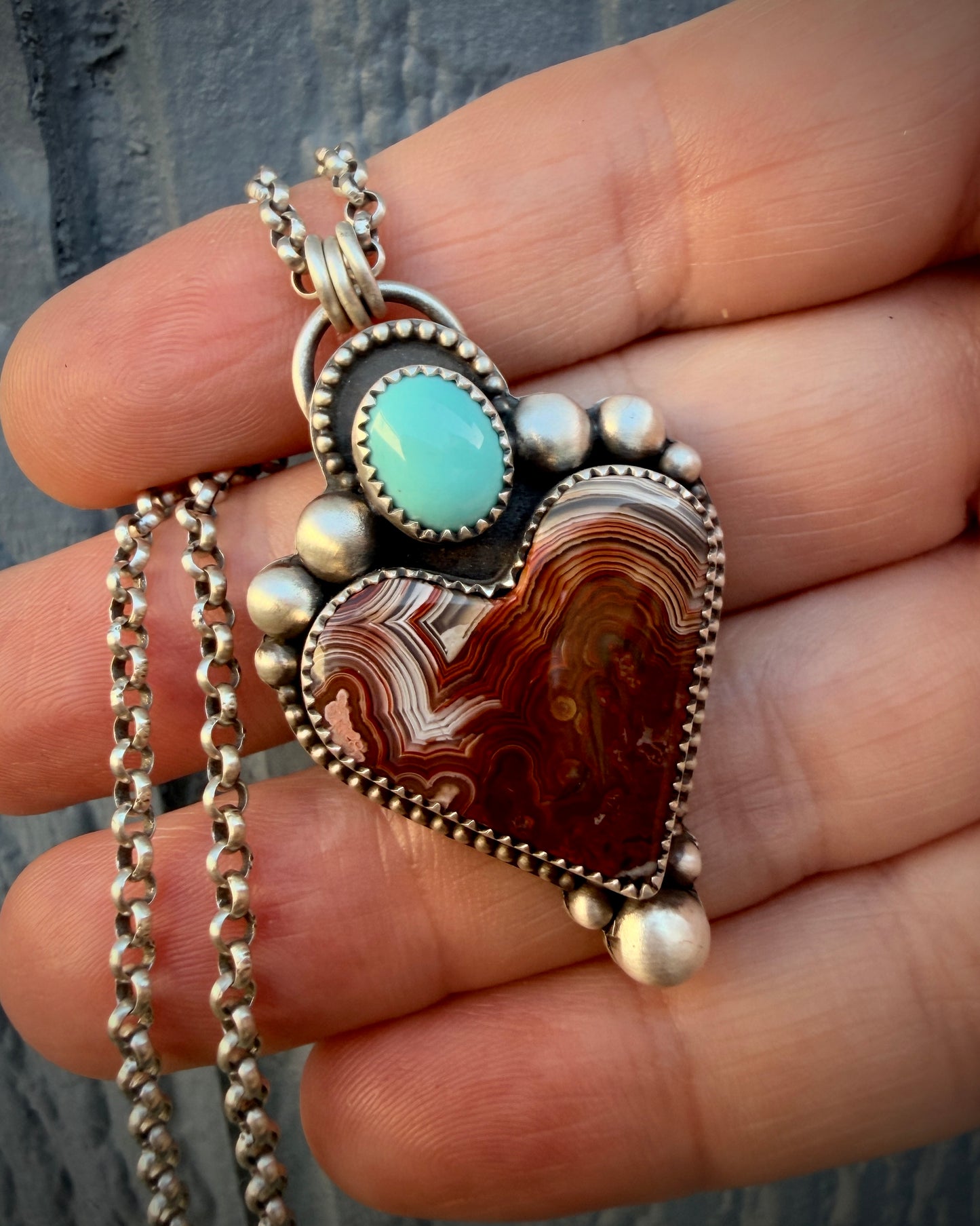 Laguna Lace Agate and Sleeping Beauty Turquoise Sterling Silver Heart Necklace