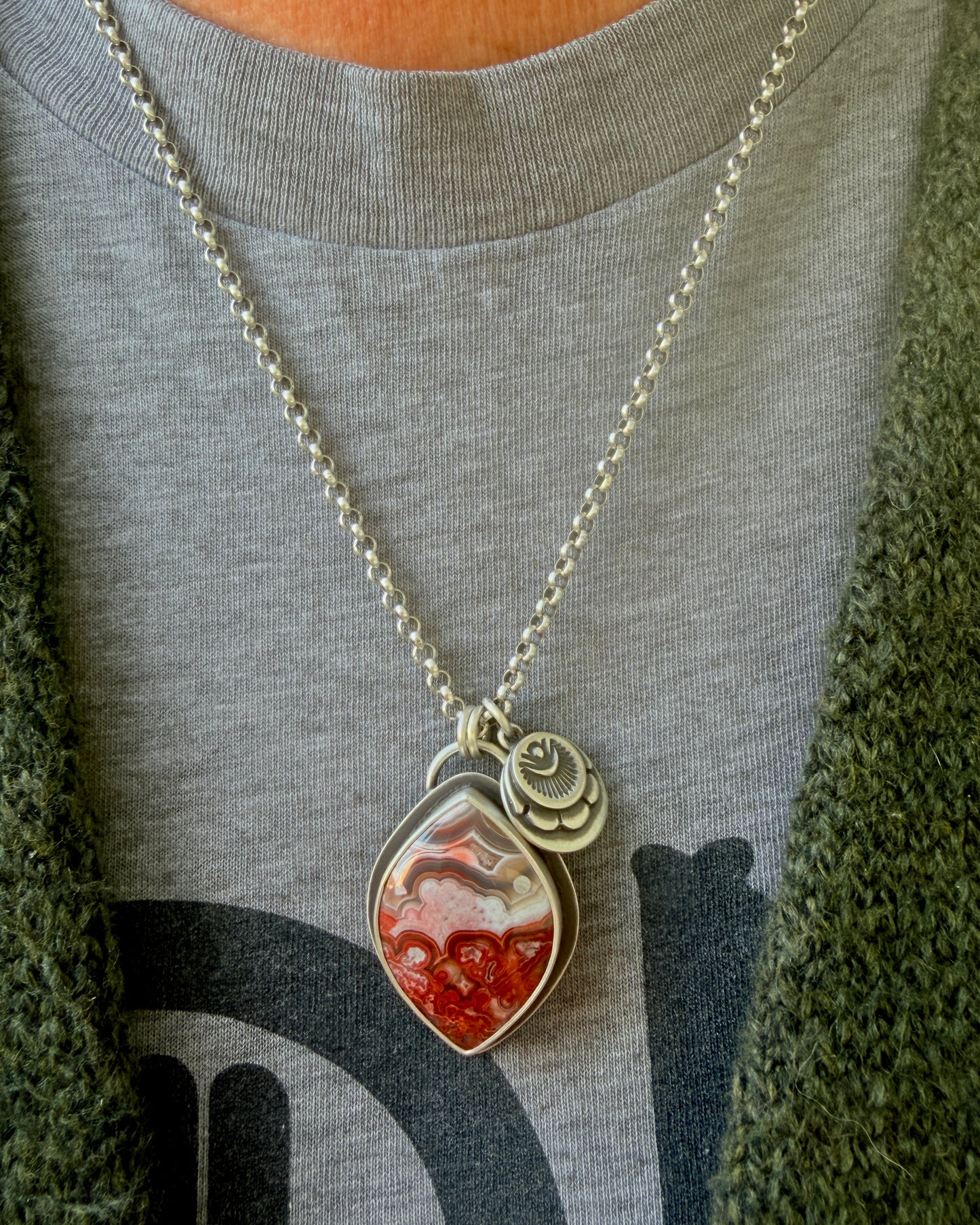 Laguna Lace Agate Hand Stamped Sterling Silver Medallion Necklace