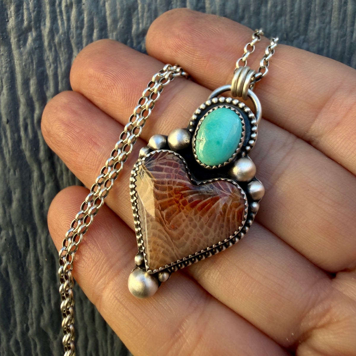 Fossilized Coral and Lone Mountain Turquoise Heart Necklace