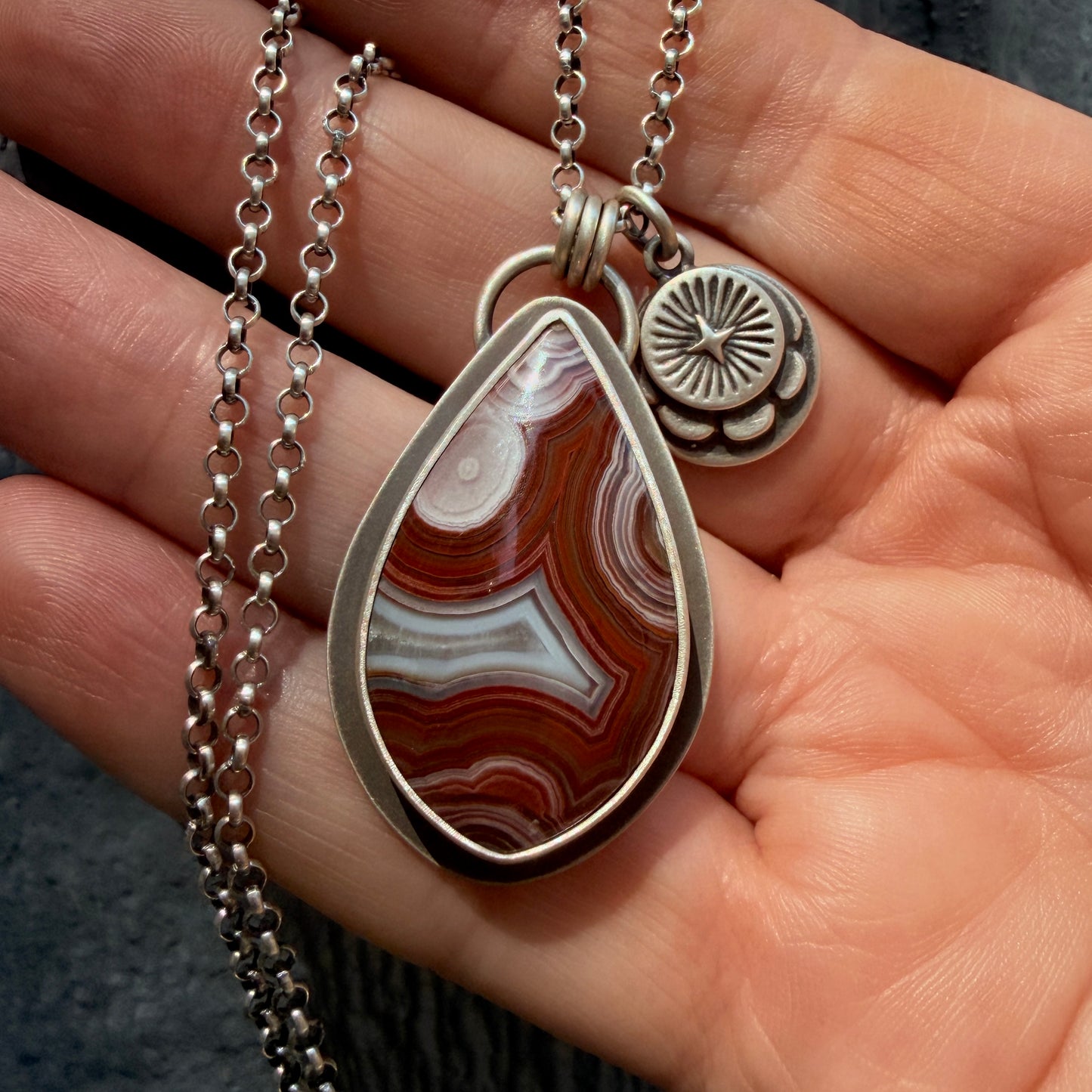 Laguna Lace Agate Hand Stamped Sterling Silver Medallion Necklace