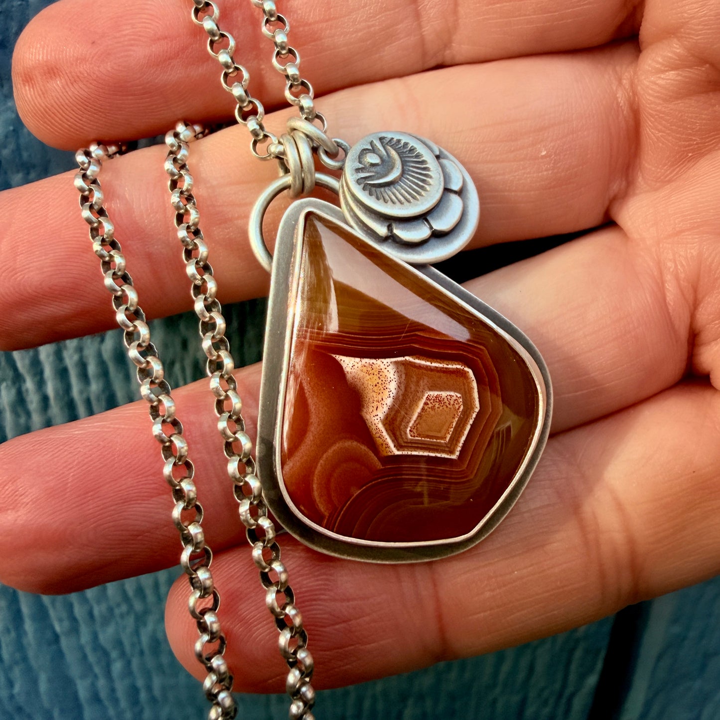 Agua Nueva Agate Hand Stamped Sterling Silver Medallion Necklace