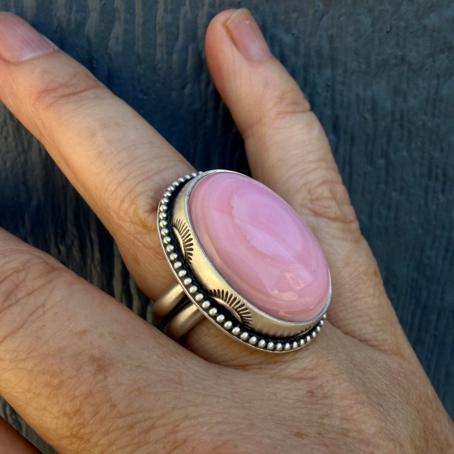 Hand Stamped Pink Queen Conch Shell Ring Size 7