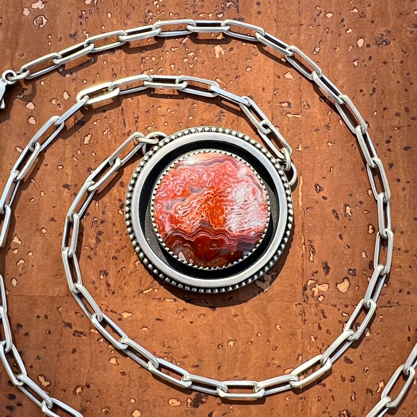 Ruby Red Laguna Lace Agate Necklace – Sterling Silver Shadowbox Pendant with Paperclip Chain