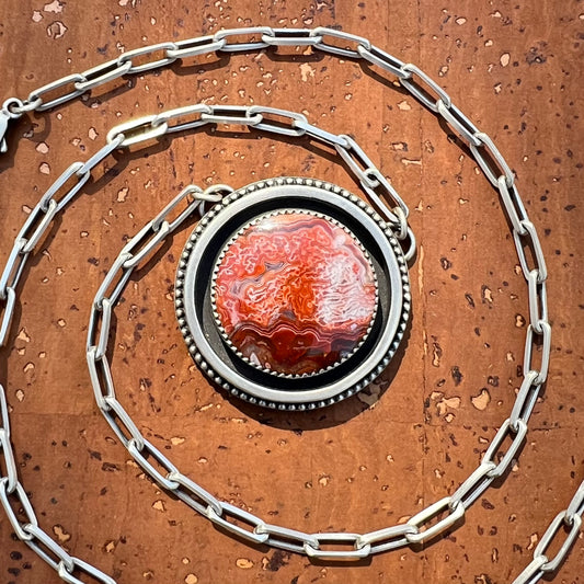 Ruby Red Laguna Lace Agate Necklace – Sterling Silver Shadowbox Pendant with Paperclip Chain