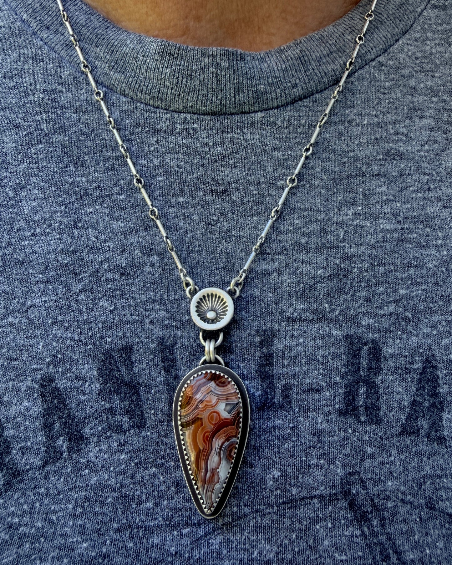 Hand Stamped Laguna Lace Agate Sunburst Drop Necklace