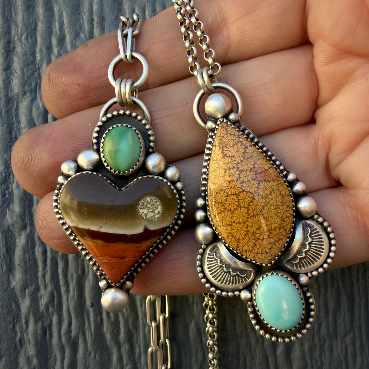 Polychrome Jasper Moonscape  and Lone Mountain Turquoise Paperclip Chain Heart Necklace