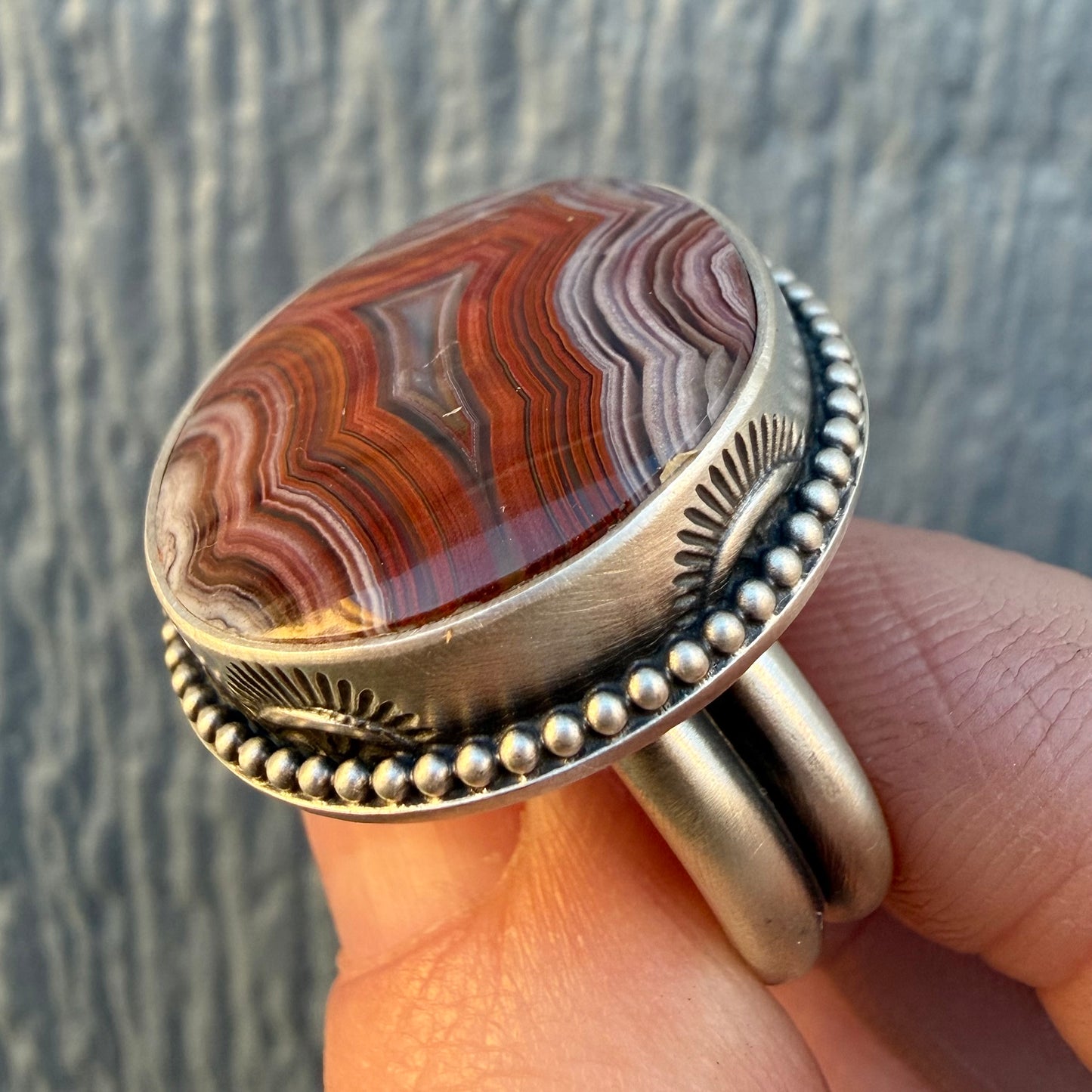 Laguna Lace Agate Ring – Sterling Silver Hand Stamped Size 10