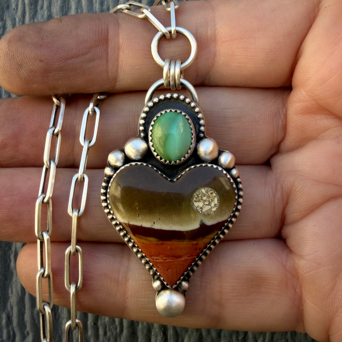 Polychrome Jasper Moonscape  and Lone Mountain Turquoise Paperclip Chain Heart Necklace