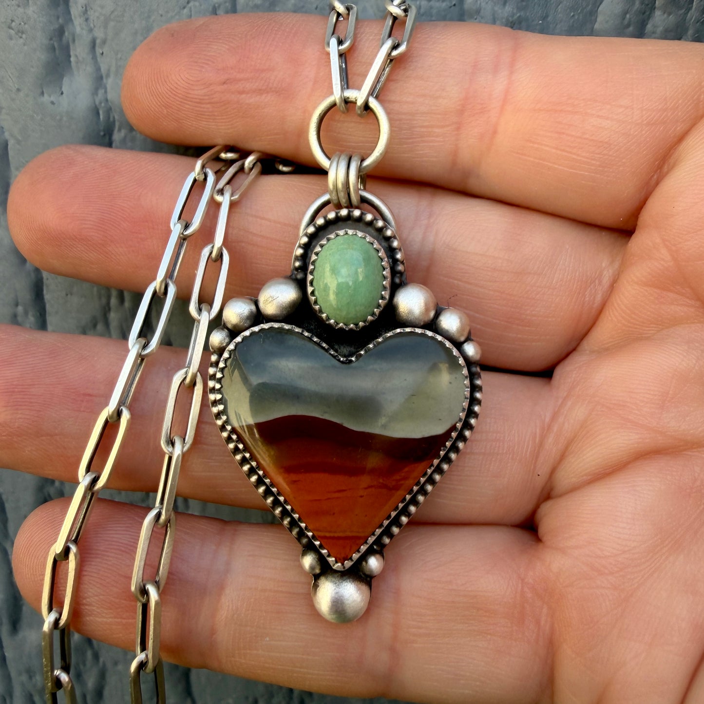 Polychrome Jasper and Sleeping Beauty Turquoise Sterling Silver Heart Necklace