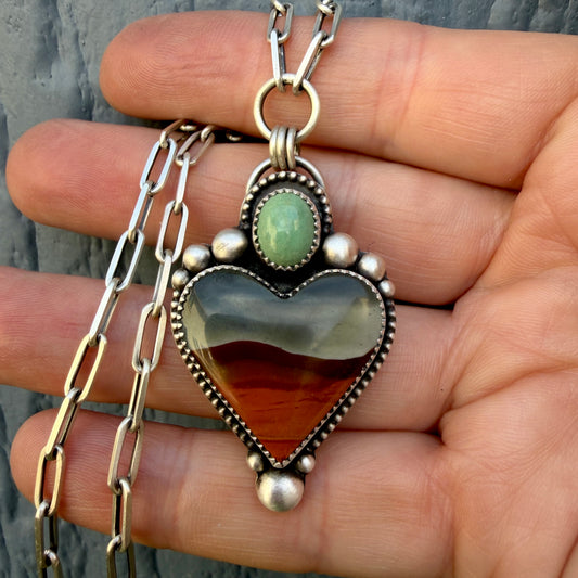 Polychrome Jasper and Sleeping Beauty Turquoise Sterling Silver Heart Necklace