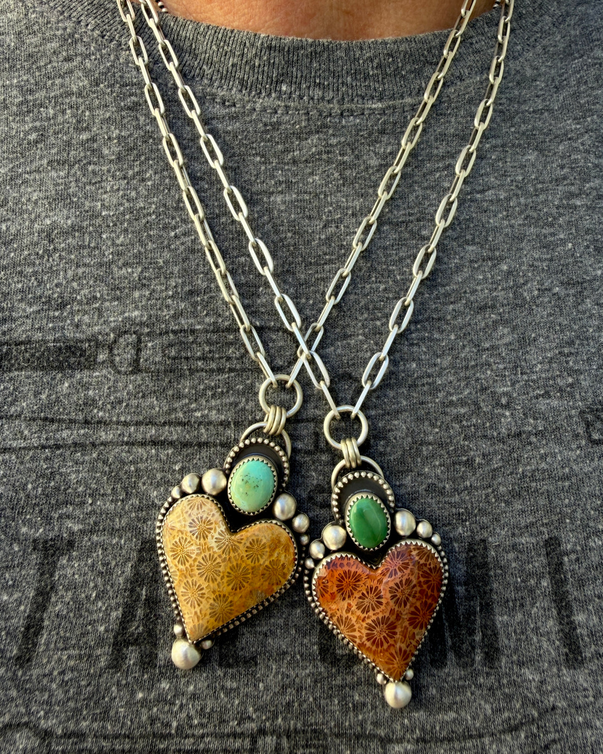 Fossilized Coral and Lone Mountain Turquoise Paperclip Chain Heart Necklace