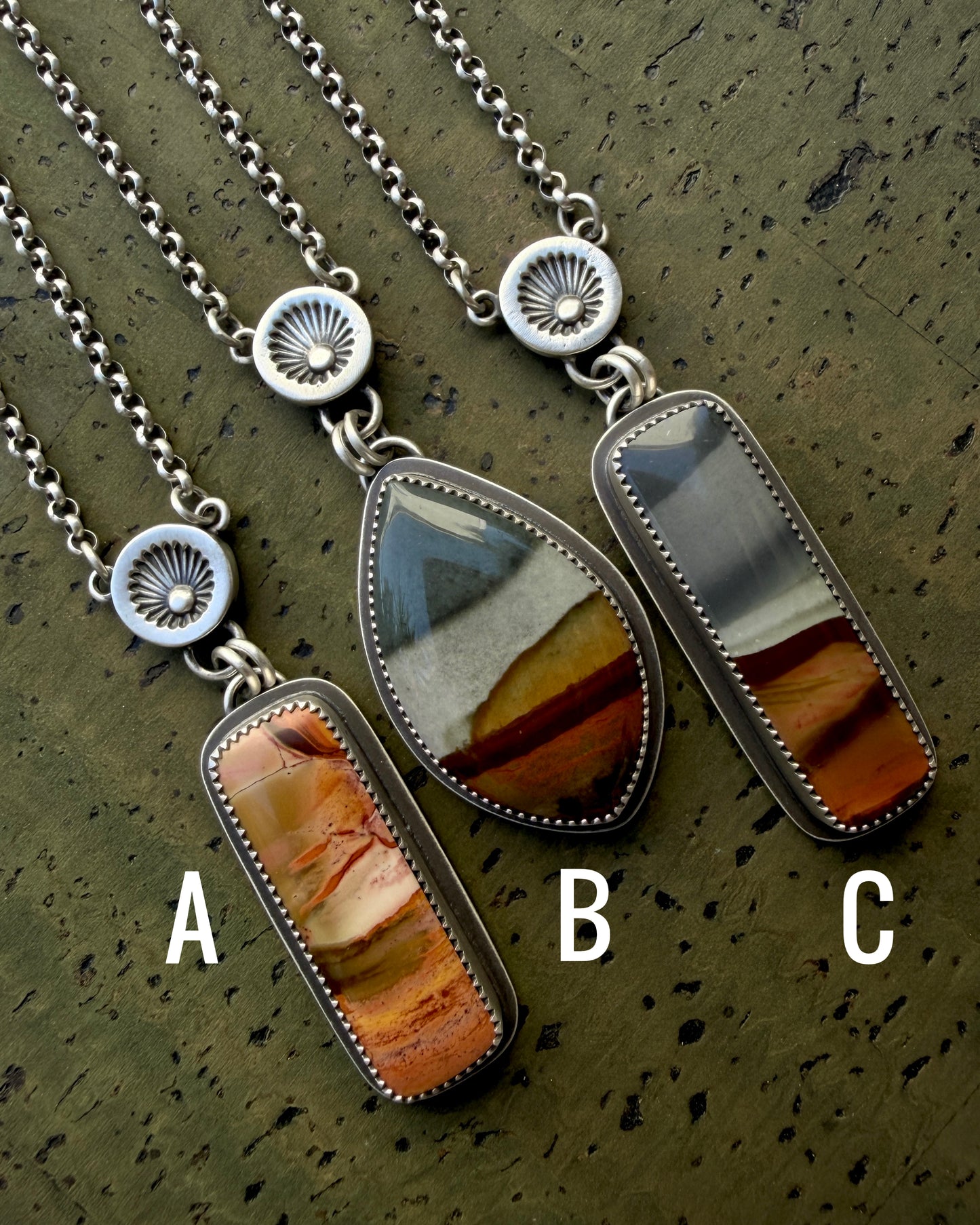 Polychrome Jasper Hand Stamped Sunburst Drop Necklace-Sterling & Fine Silver