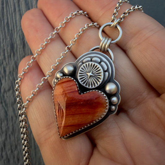 Spiny Oyster Shell Sacred Heart Hand Stamped Necklace