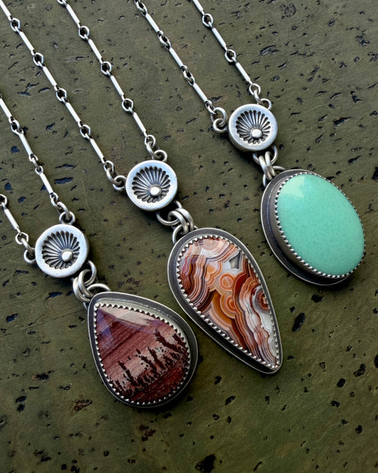 Hand Stamped Sunburst Drop Necklace-Bar & Link Chain