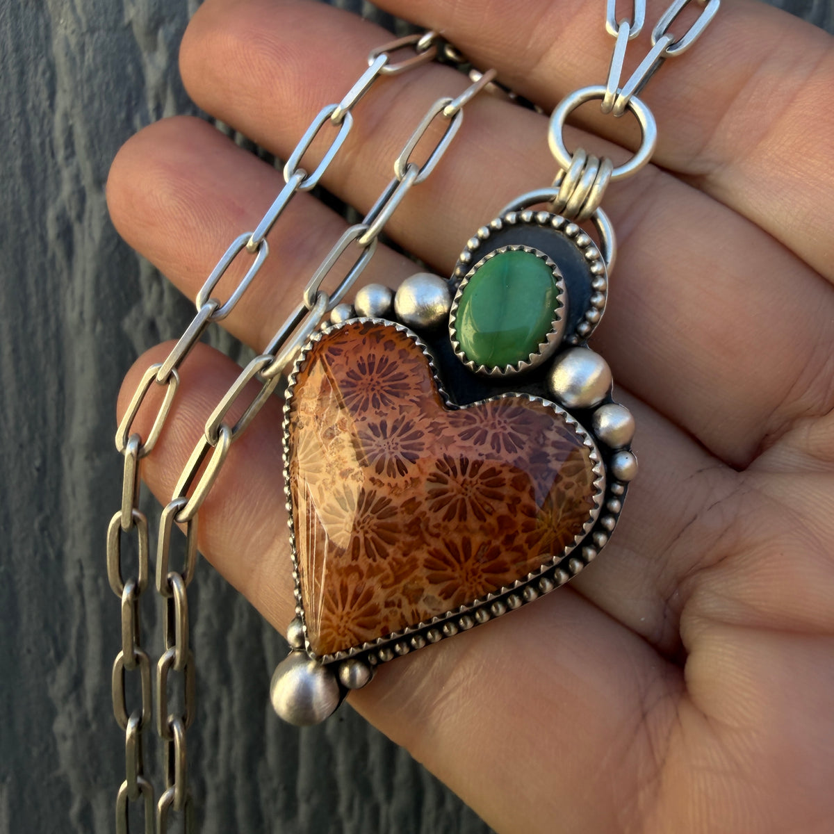 Fossilized Coral and Lone Mountain Turquoise Paperclip Chain Heart Necklace