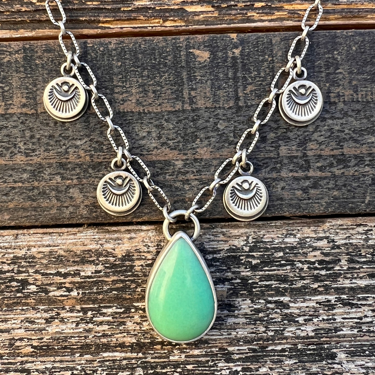 Australian chrysoprase hand stamped charm necklace