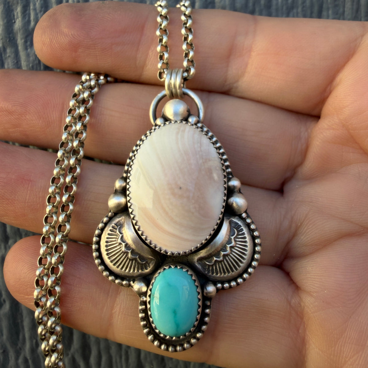 Shiva Shell and Lone Mountain Turquoise Hand Stamped Necklace