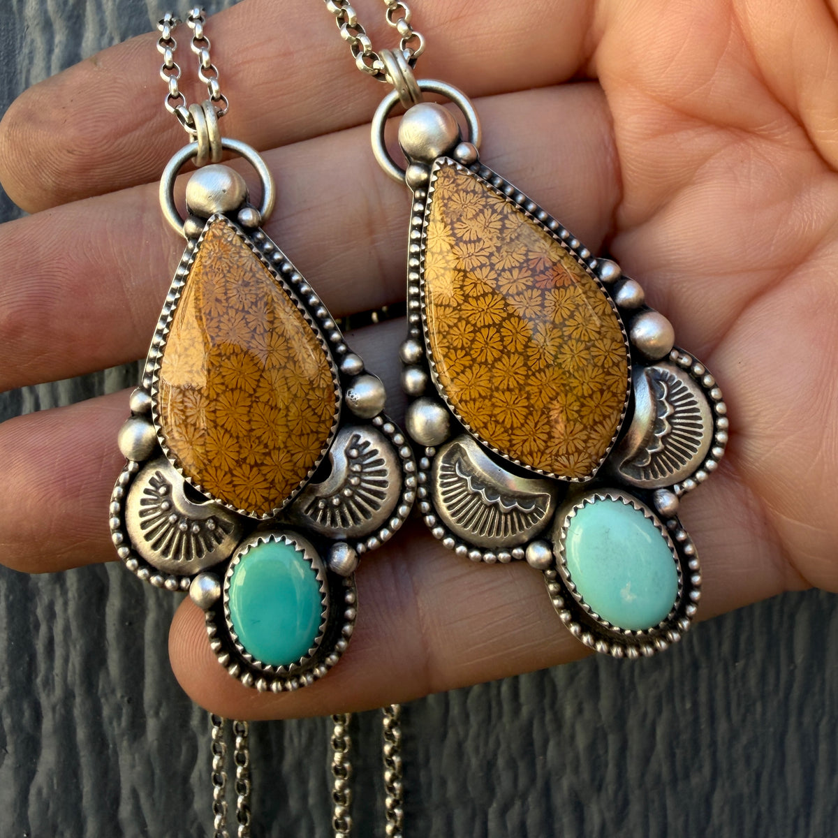 Fossilized Coral and Lone Mountain Turquoise Hand Stamped Necklace