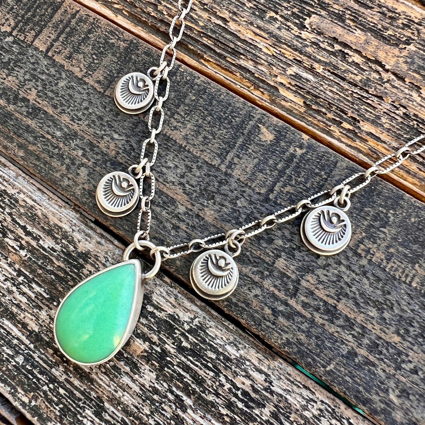 Australian chrysoprase hand stamped charm necklace