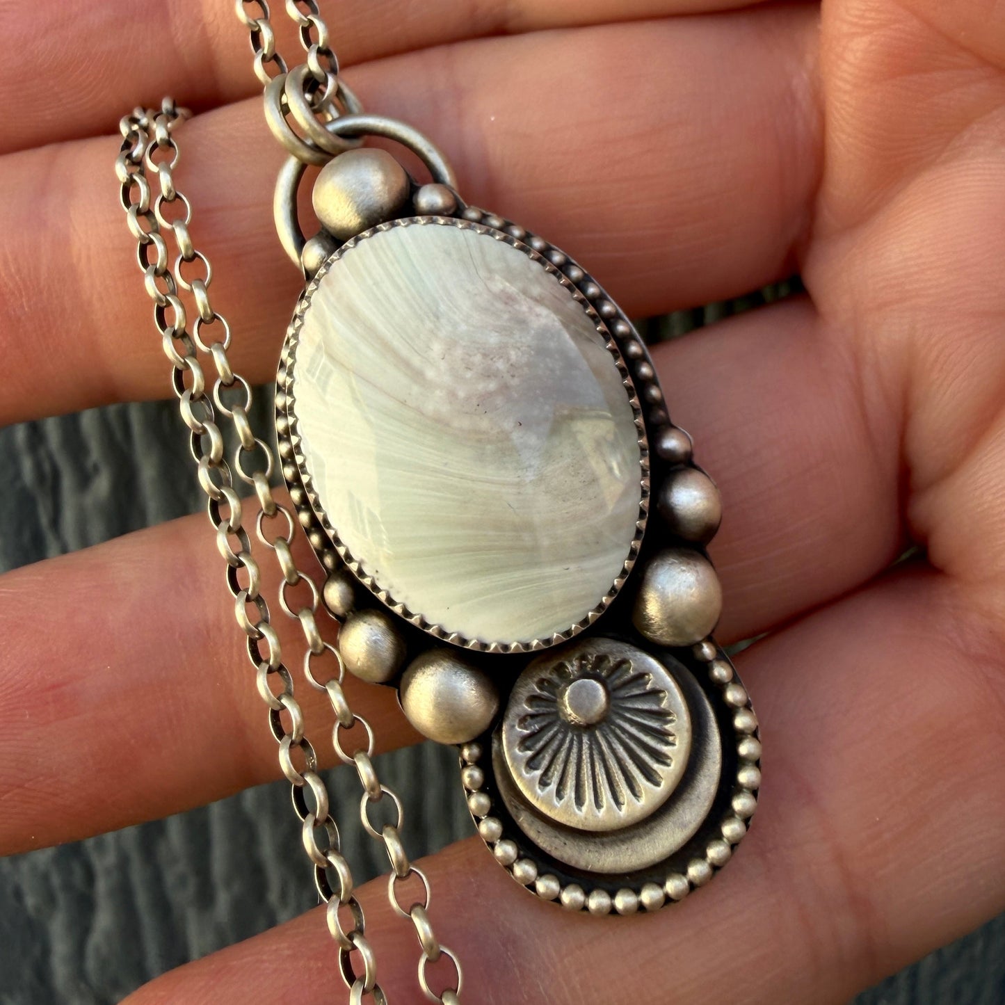 Shiva Shell Hand Stamped Oval Necklace – Handcrafted Sterling & Fine Silver