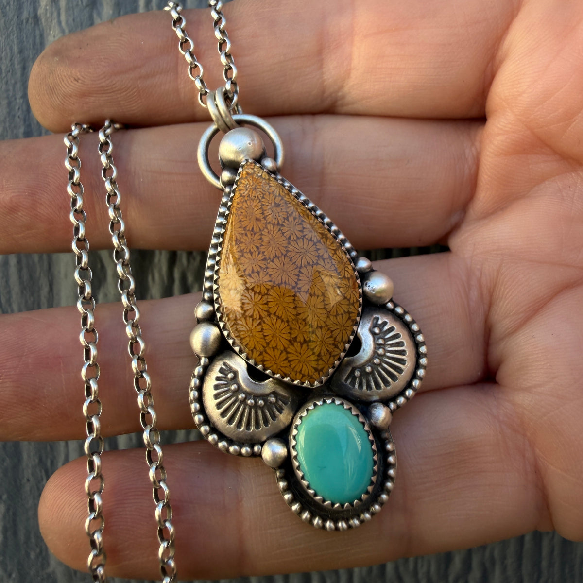 Fossilized Coral and Lone Mountain Turquoise Hand Stamped Necklace