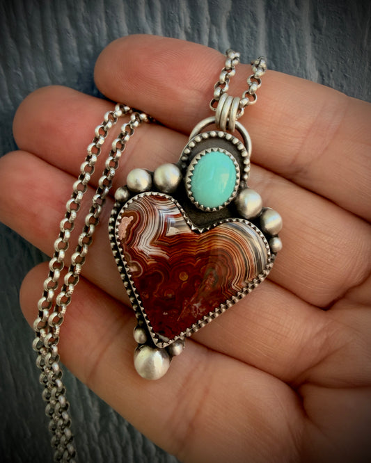 Laguna Lace Agate and Sleeping Beauty Turquoise Sterling Silver Heart Necklace