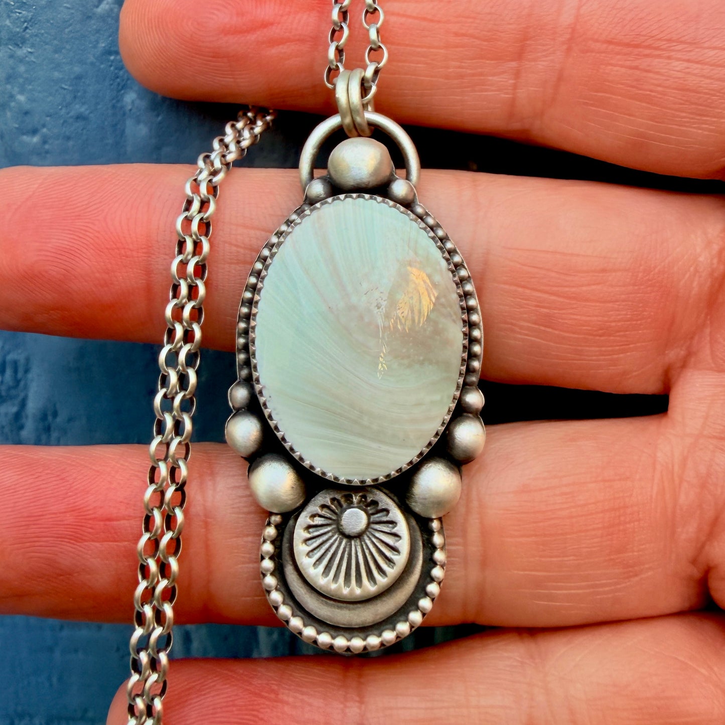 Shiva Shell Hand Stamped Oval Necklace – Handcrafted Sterling & Fine Silver