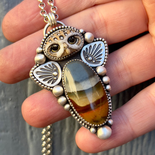 Laura Mears Athena Owl &  Polychrome Jasper Handcrafted Necklace