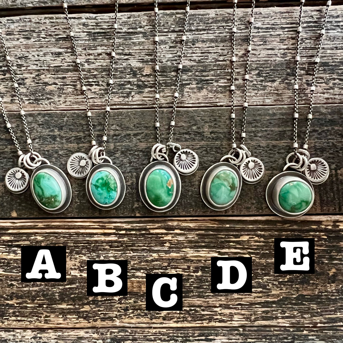 Emerald Valley turquoise and hand stamped sunburst charm necklace