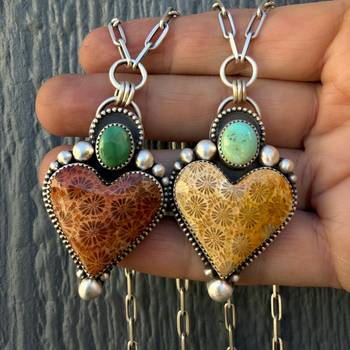 Fossilized Coral and Lone Mountain Turquoise Paperclip Chain Heart Necklace