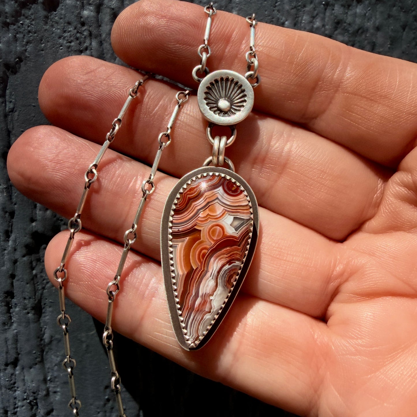 Hand Stamped Laguna Lace Agate Sunburst Drop Necklace