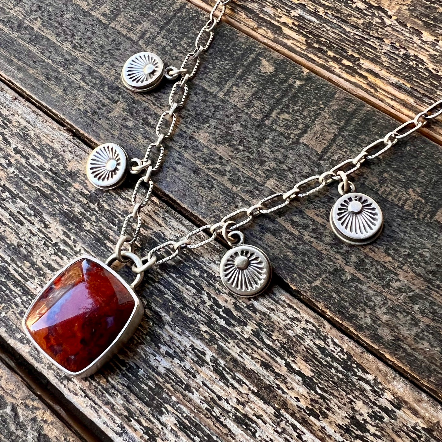 Moroccan agate hand stamped charm necklace