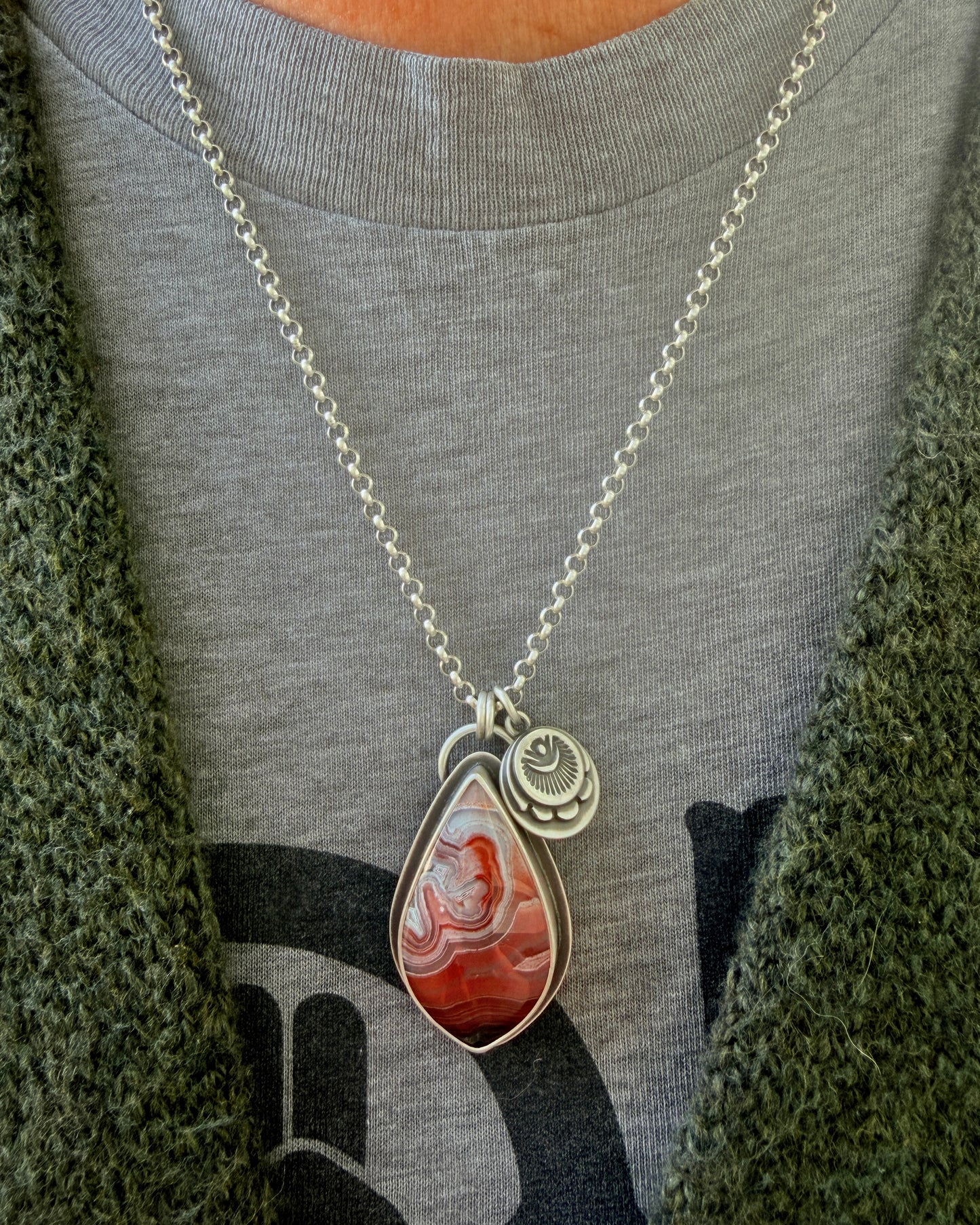 Laguna Lace Agate Hand Stamped Sterling Silver Medallion Necklace